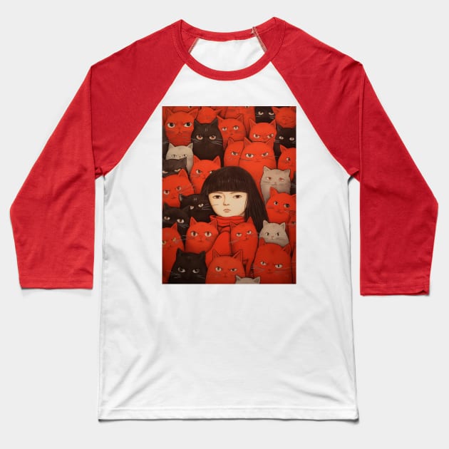 A Girl Surrounded by Playful Cats 2 Baseball T-Shirt by saveasART